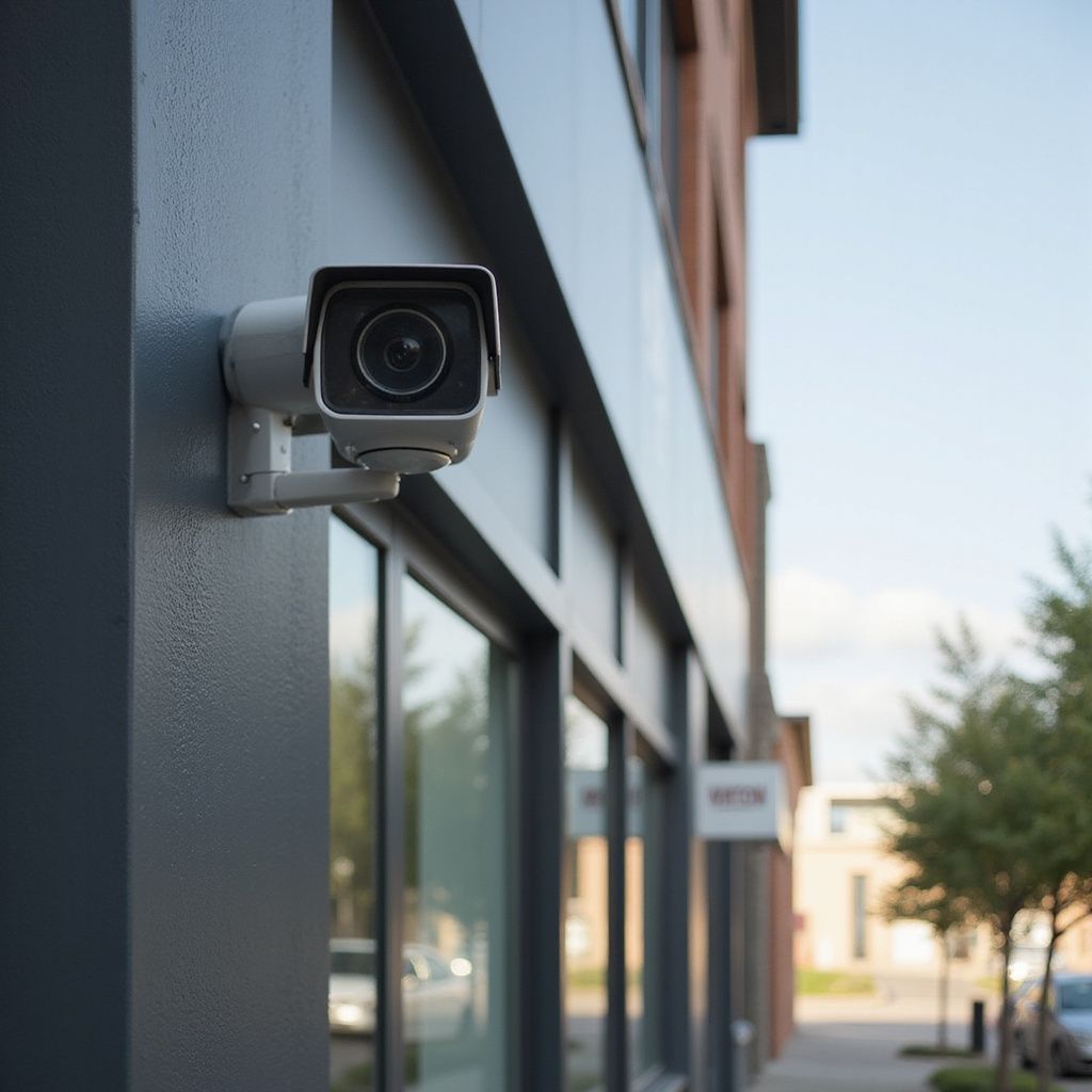 Security camera mounted on a gray building, facing street with glass windows and a sign.
