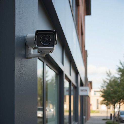 Security camera mounted on a gray building, angled towards the sidewalk and street, sunny day.