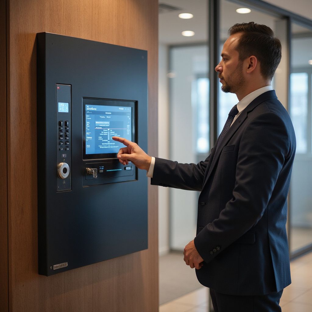 Man in suit interacting with a black touchscreen panel mounted on a wall.