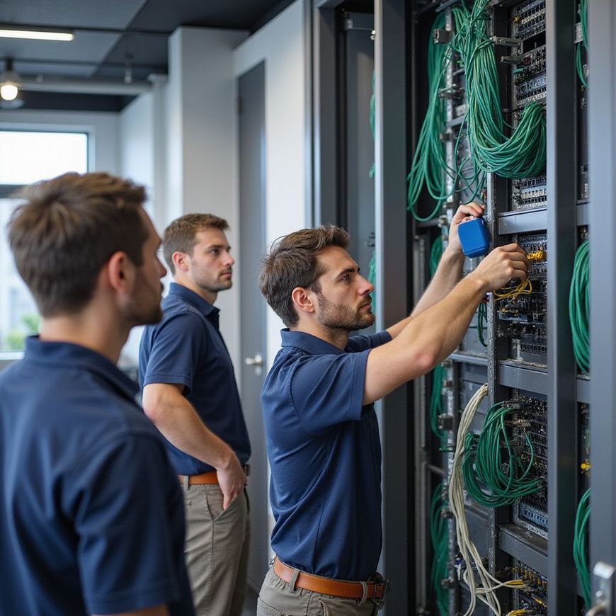 Three technicians working on server racks in a data center, connecting cables.
