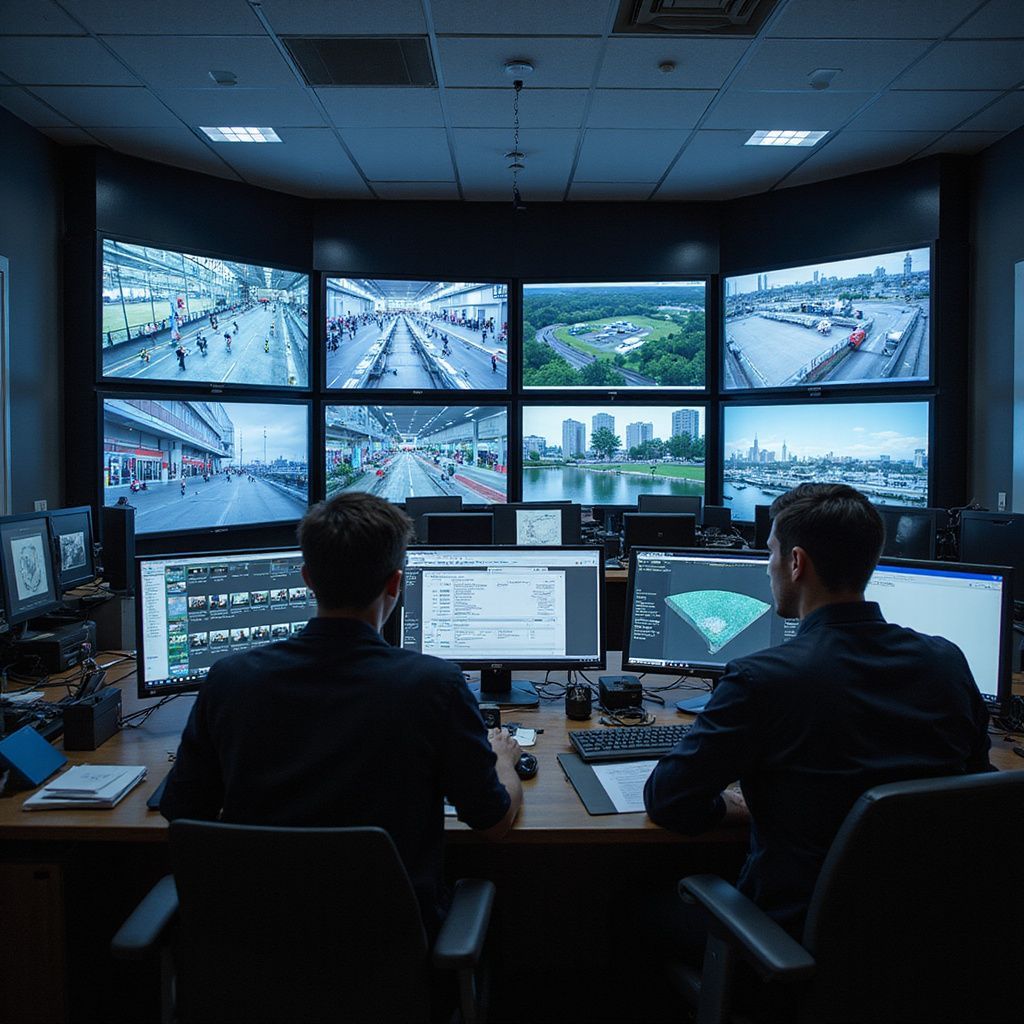Two people monitor screens in a security control room. Large displays show live camera feeds, reflecting outdoor scenes.