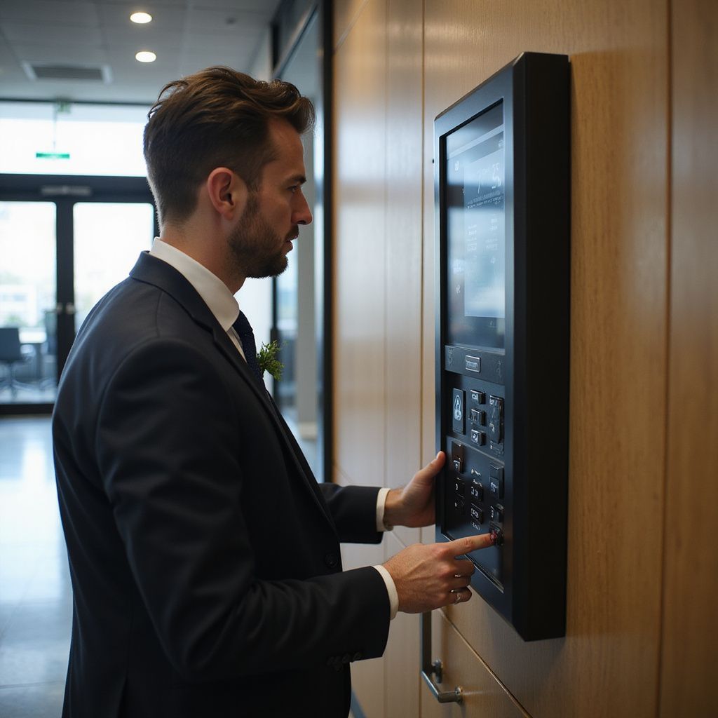 Man in suit interacting with a black touch screen control panel mounted on a wooden wall.