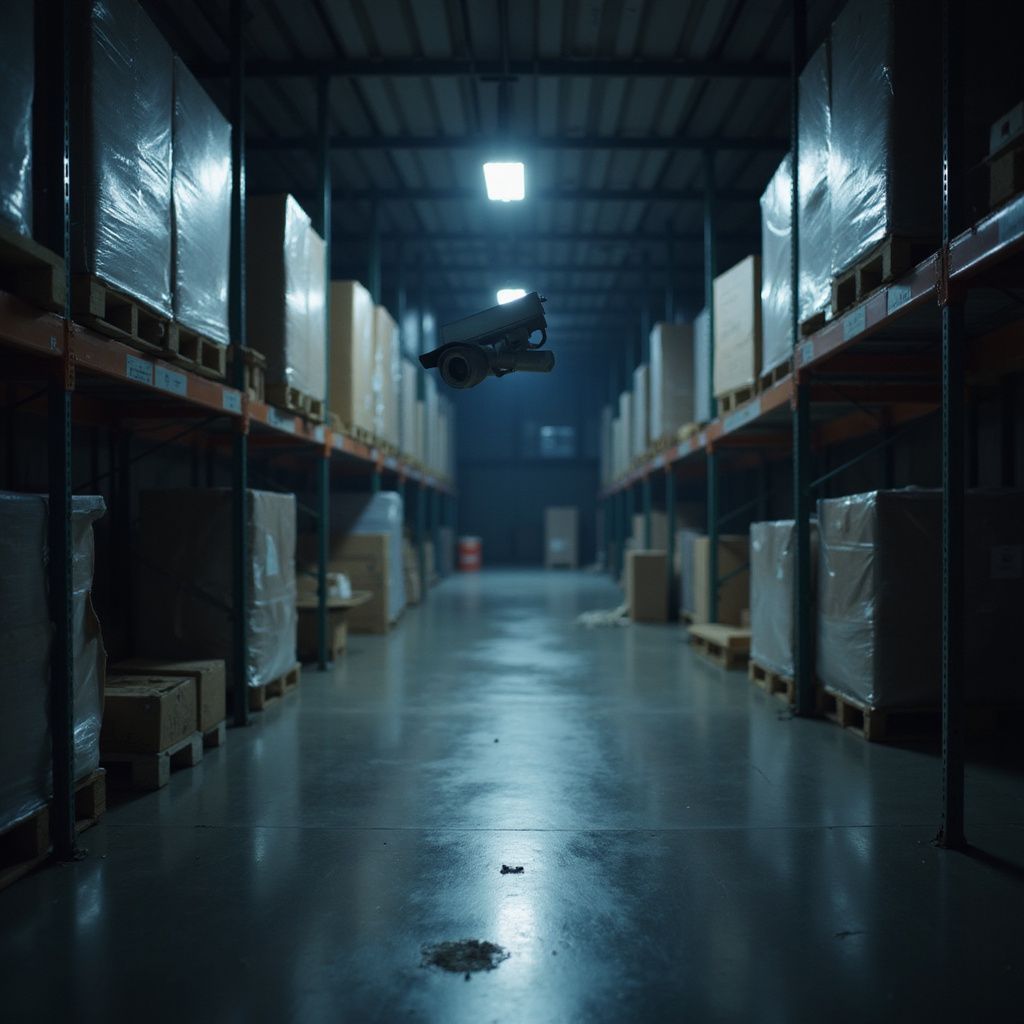 Warehouse interior with a drone flying down the center aisle, surrounded by shelves of boxes.