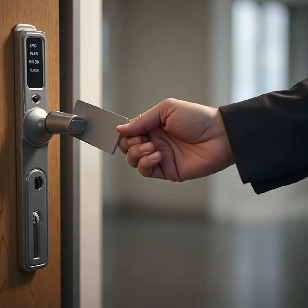 Hand swiping a card near a silver door lock on a wooden door, opening it.