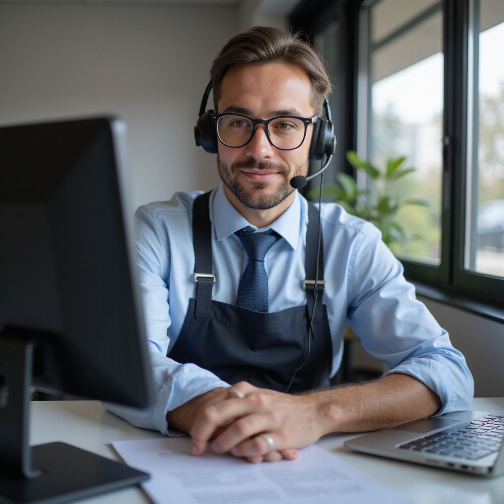 Man with headset, glasses, and apron at a desk, looking at camera, computer and laptop visible.
