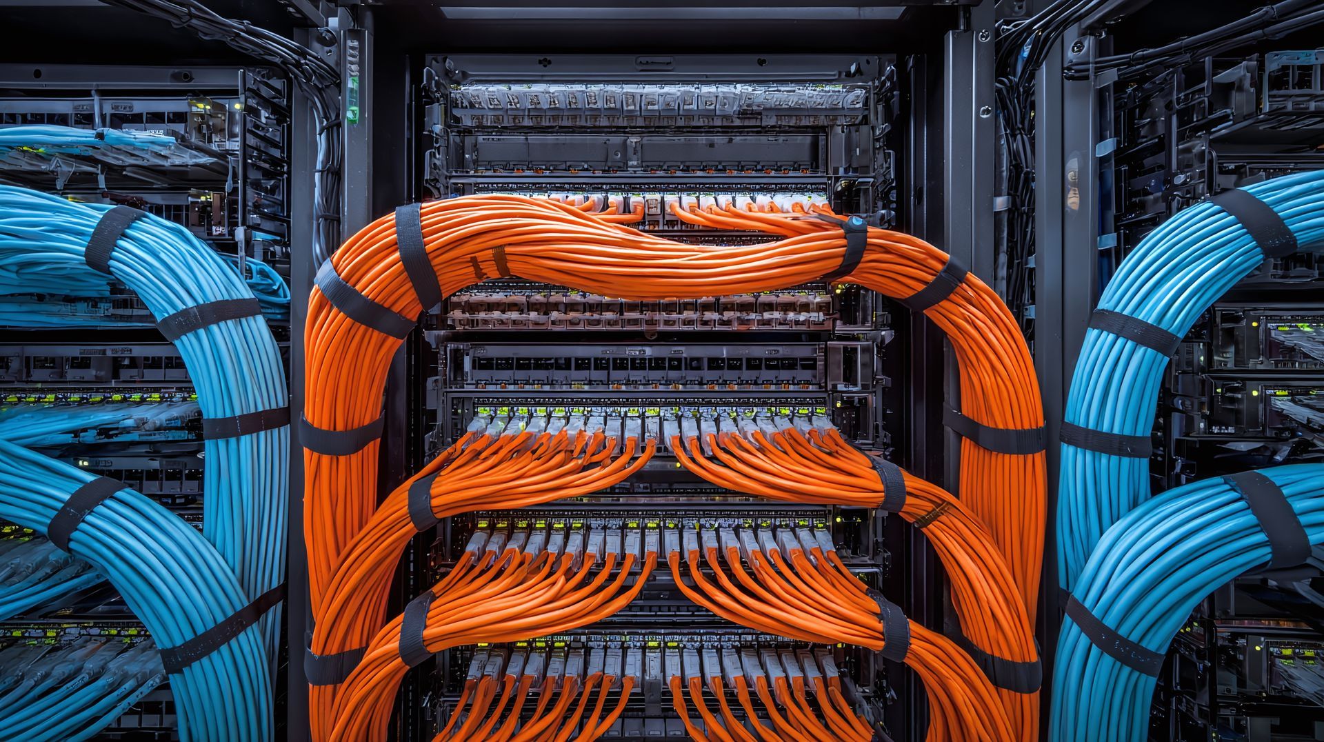 Blue and orange network cables bundled inside a server rack.