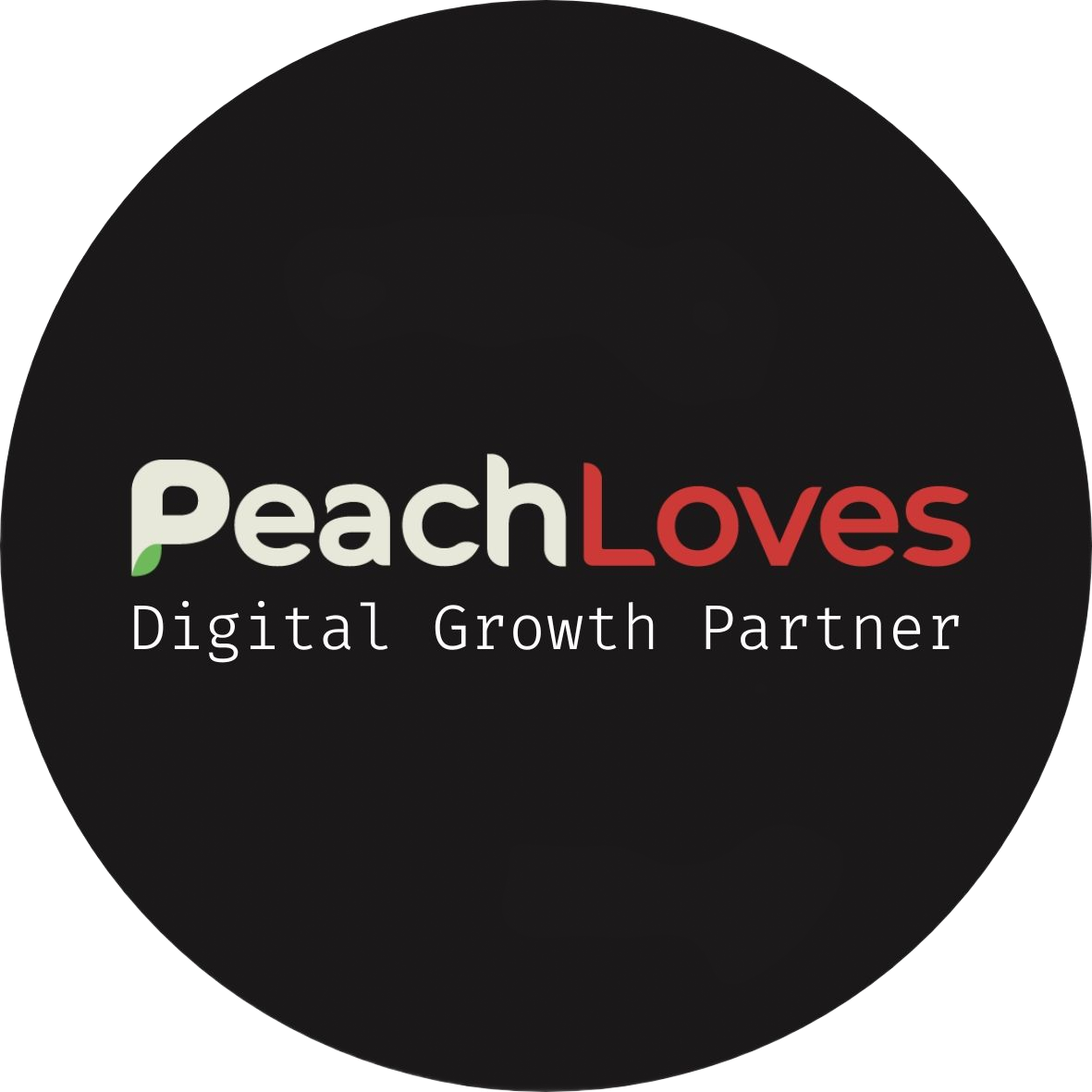 Logo for PeachLoves, a digital growth partner. Black circle with text in white and red.