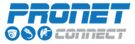 Logo for ProNet Connect, blue text and icons, gray 