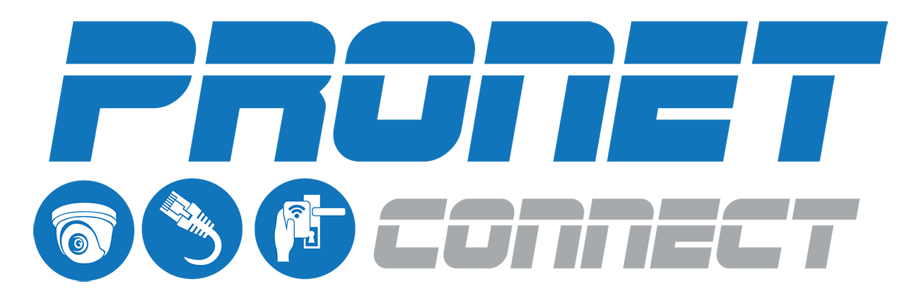 Logo for ProNet Connect, blue text and icons, gray 