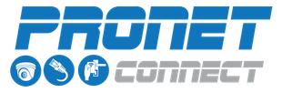 Logo for ProNet Connect, blue text and icons, gray