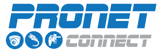 Logo for ProNet Connect, blue text and icons, gray