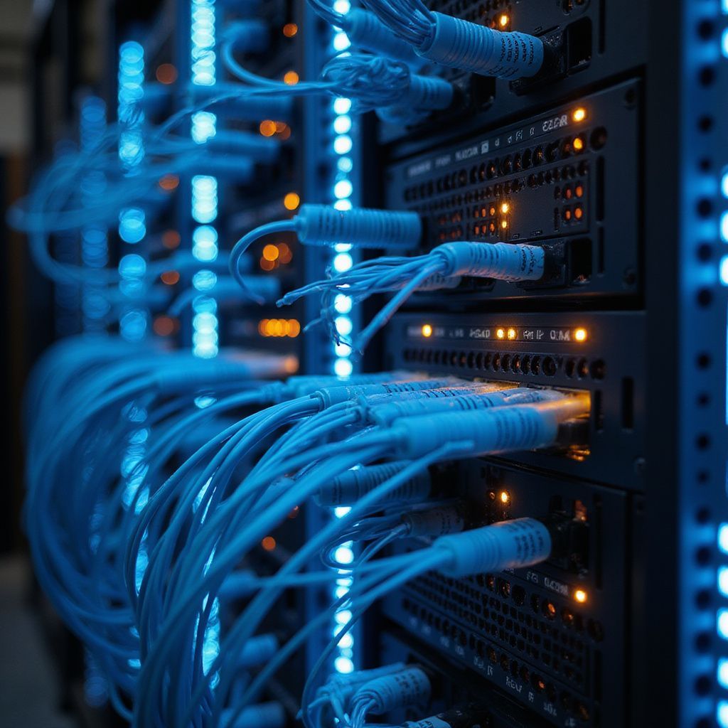 Server rack with glowing blue cables and orange lights.
