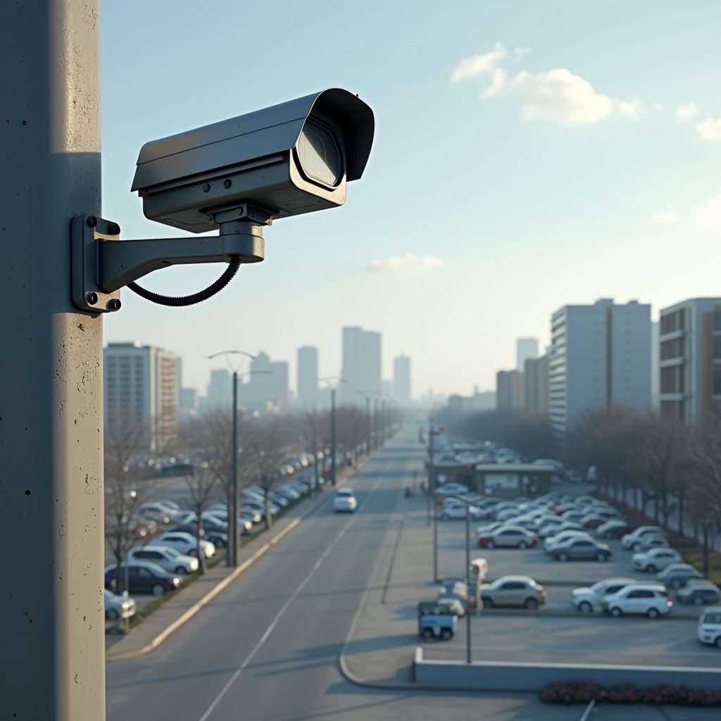 Security camera mounted on a pole overlooking a parking lot and a distant cityscape on a sunny day.