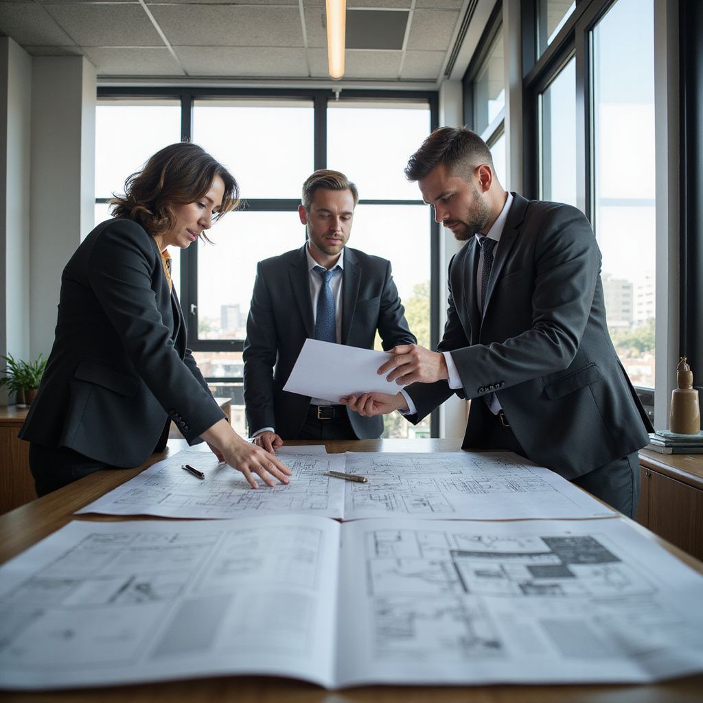 Three people in suits reviewing architectural plans at a table in an office.