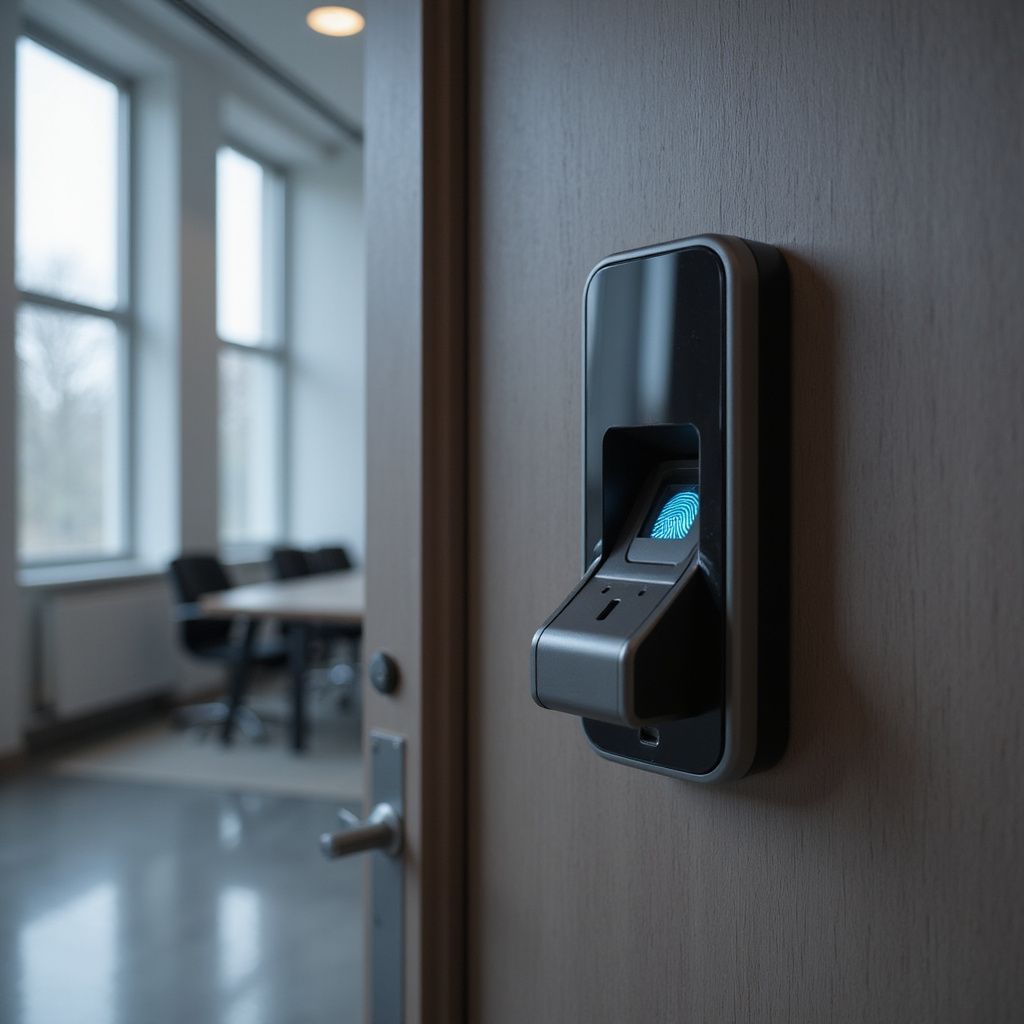 Fingerprint scanner on a wooden door, inside an office with windows and a table.