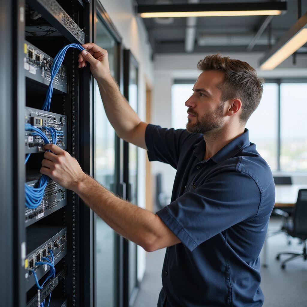 Man working on a server rack, connecting blue cables in a modern office setting.