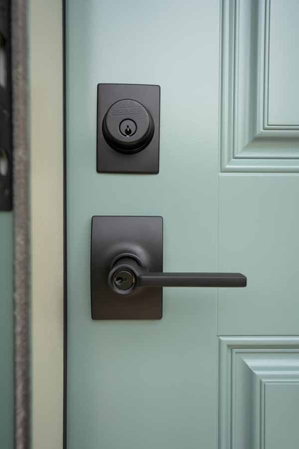A close up of a green door with a black door handle and lock.