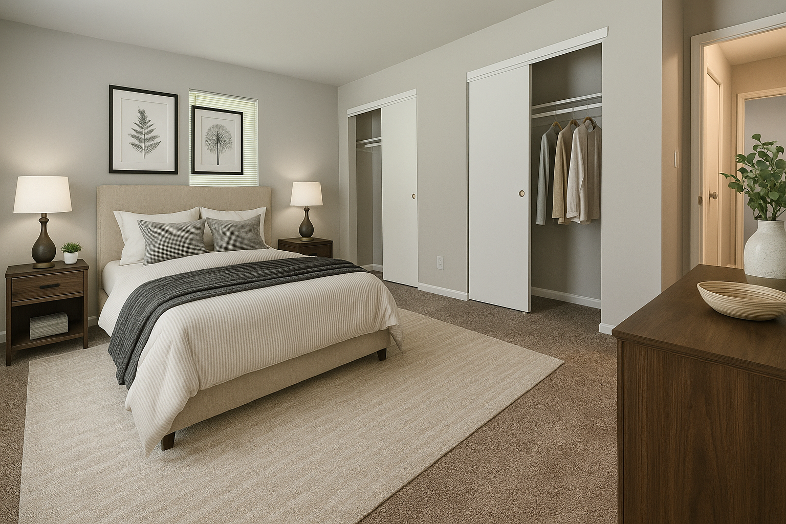 Spacious bedroom with modern furnishings and natural light. Modern staged bedroom with queen bed, warm lighting, and double closets in a carpeted apartment at Catalpa Woods, Harrison Township.