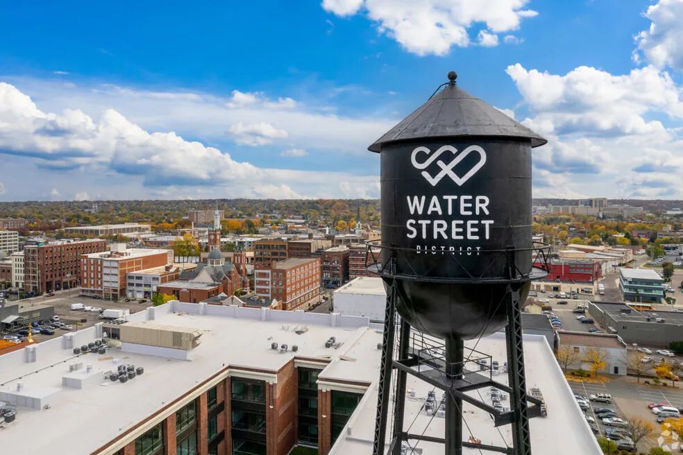 Water tower overlooking downtown Dayton