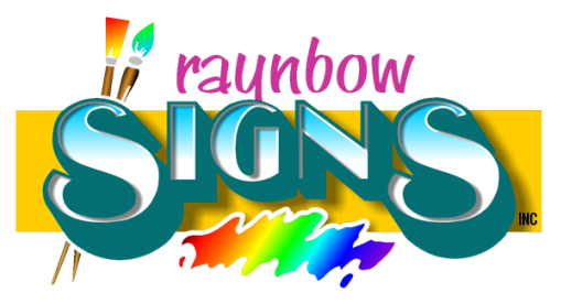 A logo for rainbow signs with a yellow background