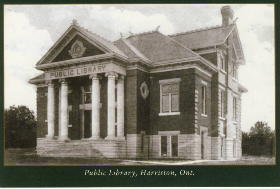 A black and white photo of the public library in harrieton ontario