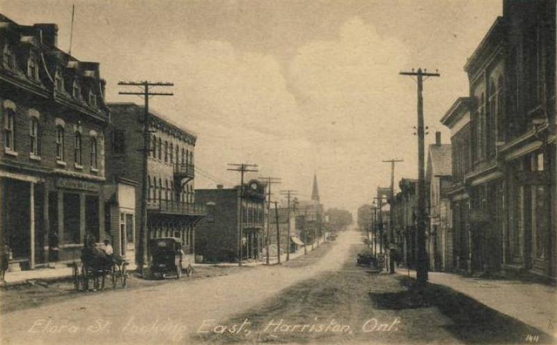 A black and white photo of a street in harrison ontario
