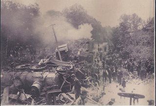 A black and white photo of a train wreck with people standing around it.