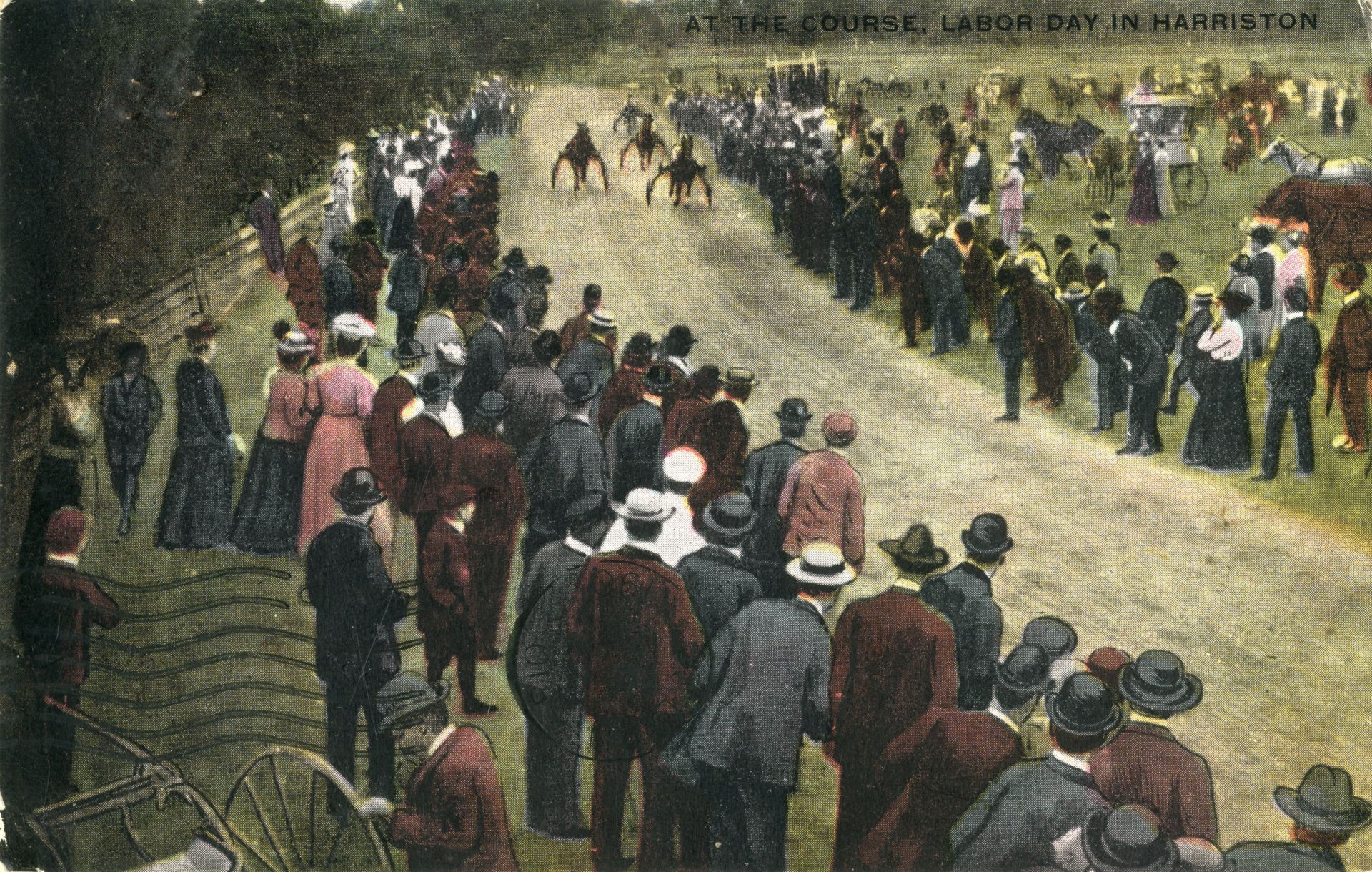 A crowd of people watching a horse race on a dirt road