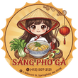 Logo for Sáng Phở Gà featuring an illustration of a person in a conical hat holding a bowl of soup, with contact details.