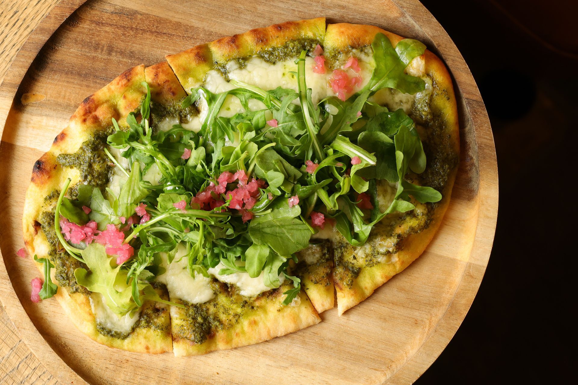 Flat Bread Pizza - Basil Pesto & Mozzarella & Arugula Salad