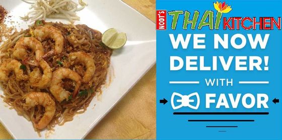 Thai Kitchen delivery ad with shrimp dish and text “WE NOW DELIVER! with Favor”