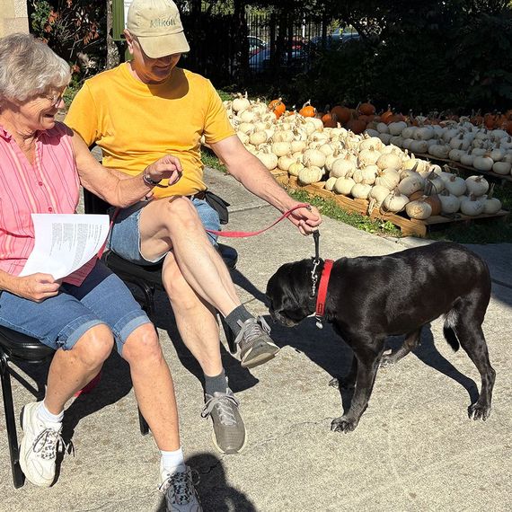 Two people seated, interacting with a black dog on a leash at a pumpkin patch.