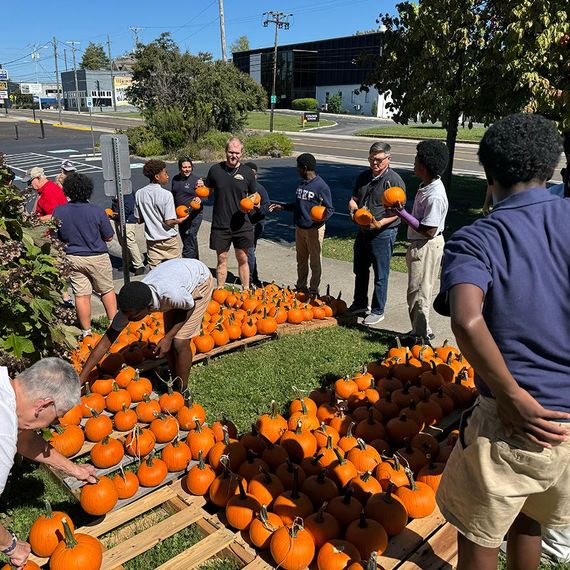 Group of people arranging pumpkins on pallets outdoors on a sunny day.