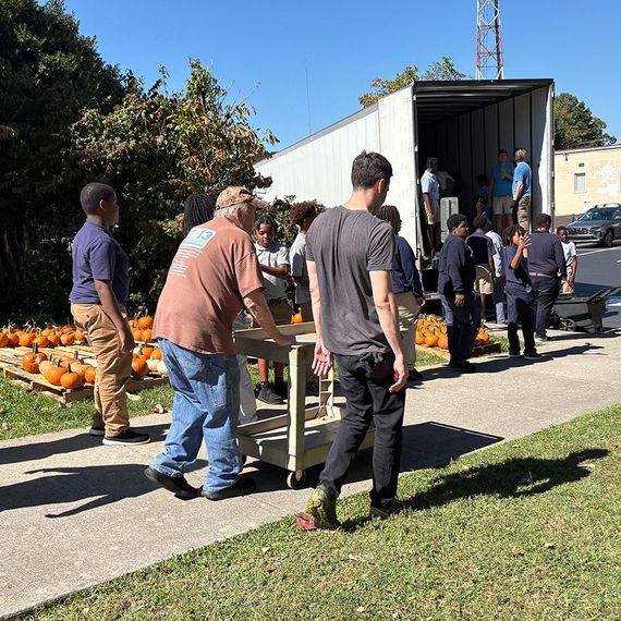 People unloading pumpkins from a truck onto a sidewalk. Sunny day, some are carrying a cart.
