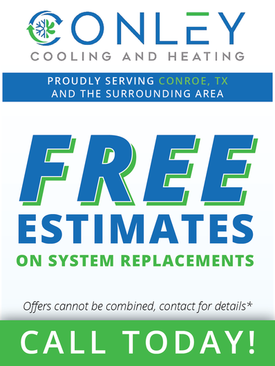 An advertisement for conley cooling and heating offers free estimates on system replacements