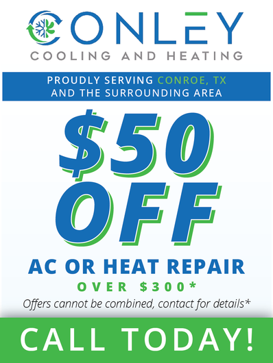 An advertisement for conley cooling and heating offers $ 50 off ac or heat repair over $ 300