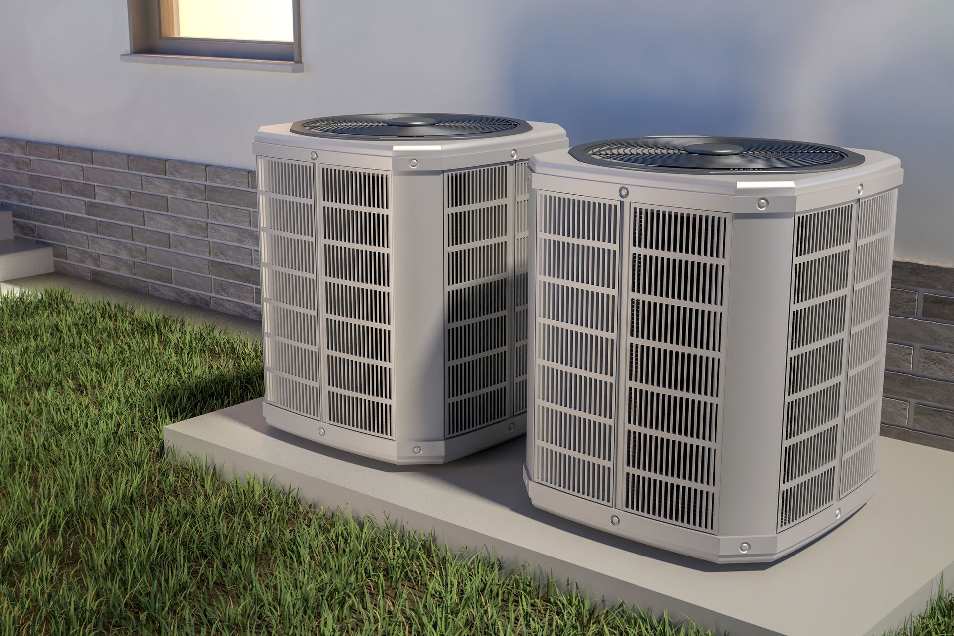 Two air conditioners are sitting on a concrete platform in front of a house installed by Conley Cooling and Heating.