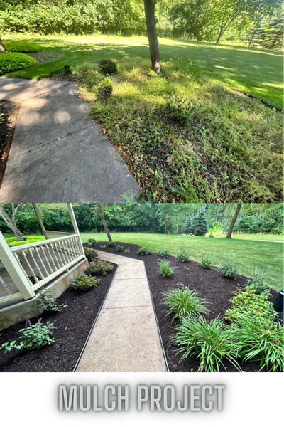 A before and after picture of a mulch project