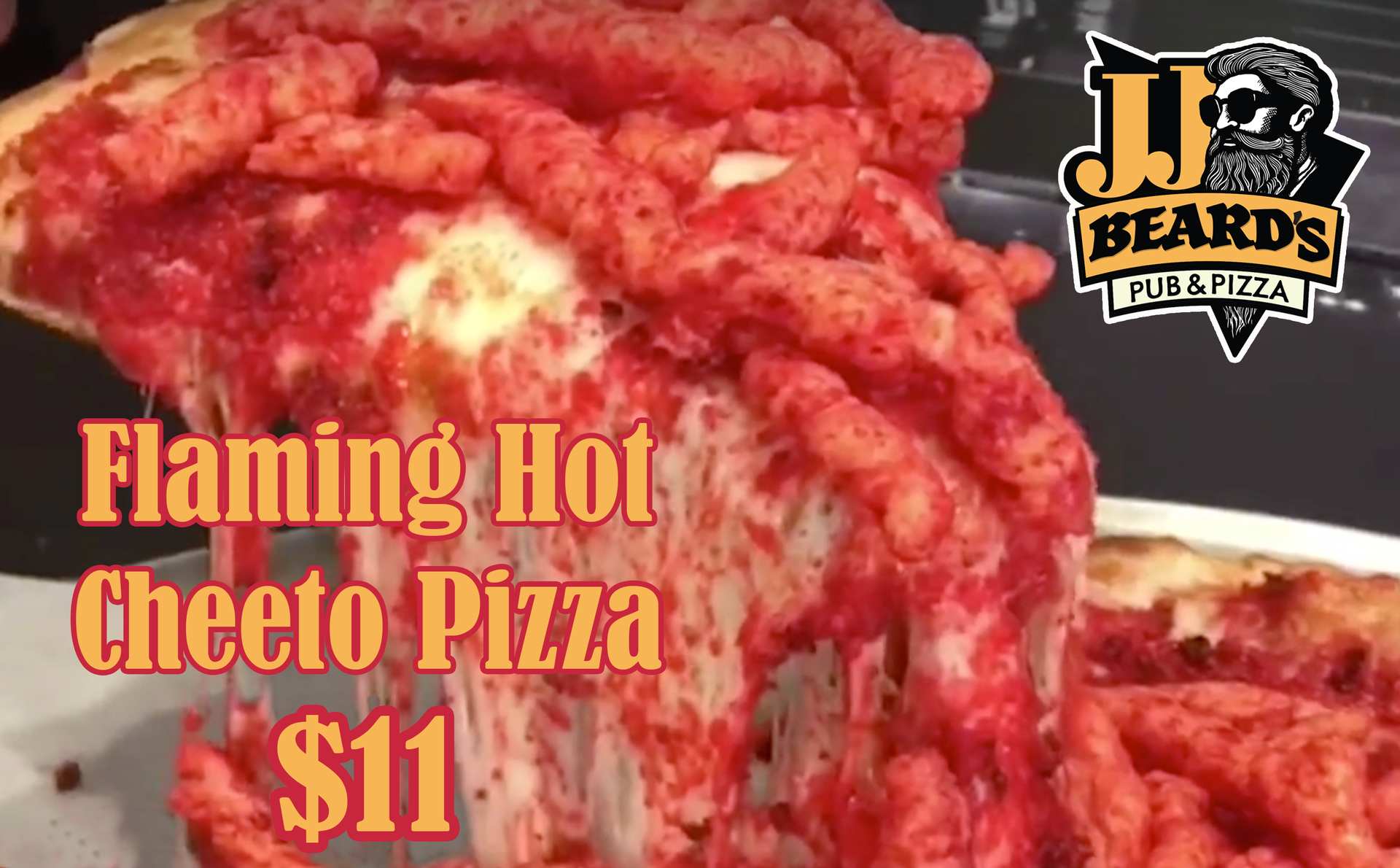 A slice of flaming hot cheetos pizza is on a plate.