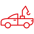 Camion de dépannage rouge avec crochet de grue levé.