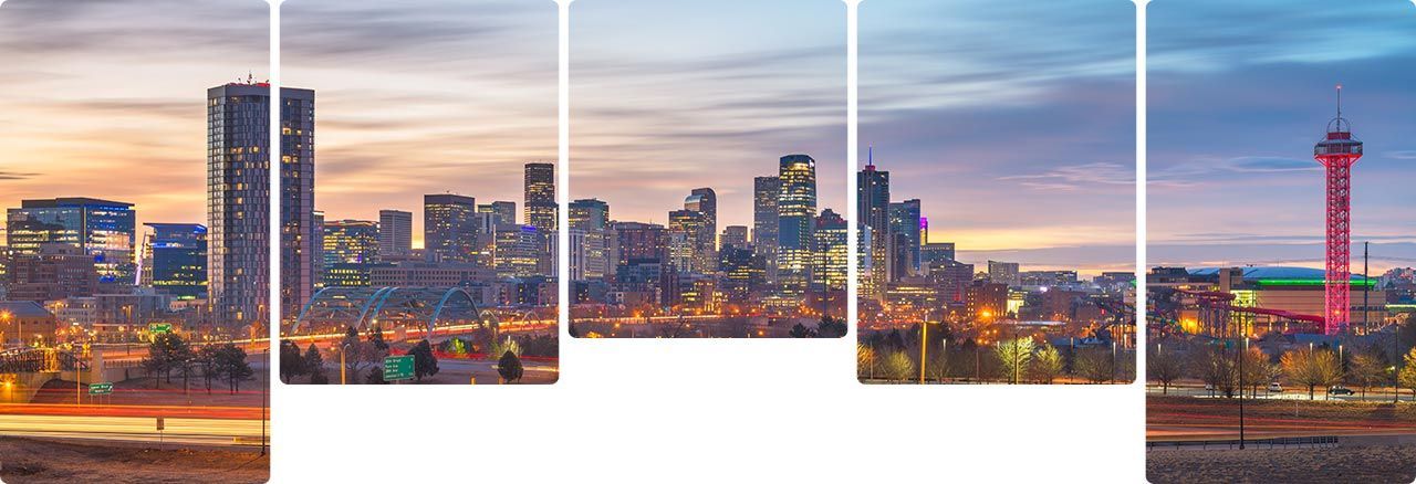 Denver skyline at dusk; tall buildings, colorful sky, and a red tower on the right.