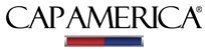 A logo for cap america with a red , white and blue ribbon.