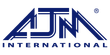 The ajm international logo is blue and white on a white background.
