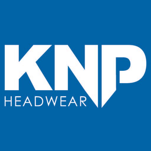 Knp headwear logo on a blue background