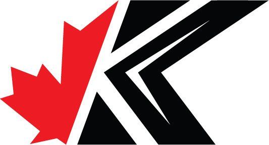 A black letter k with a red maple leaf on it.