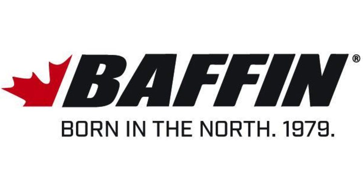 The baffin logo is black and red and says born in the north.
