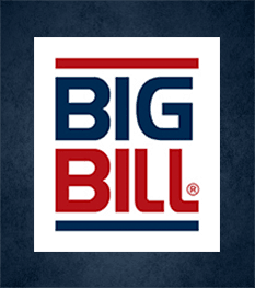 A big bill logo on a dark blue background