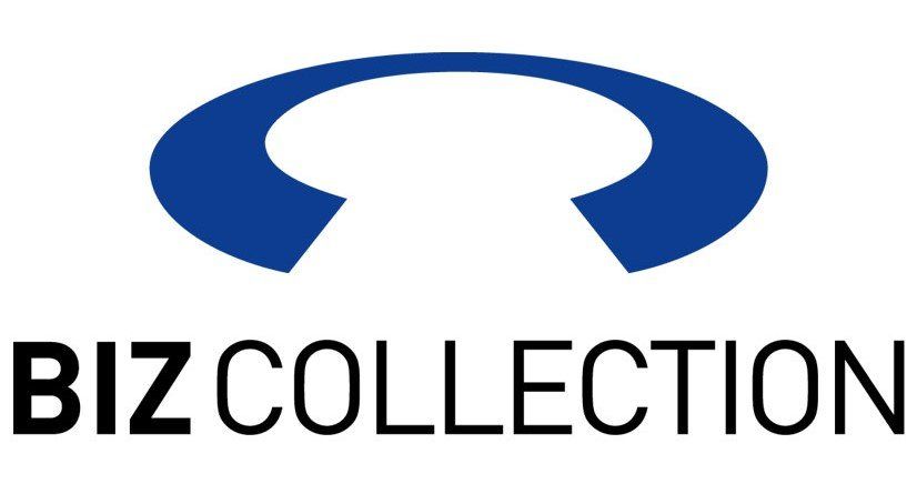 A blue and white logo for a company called biz collection.