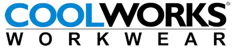 The logo for coolworks workwear is blue and black.