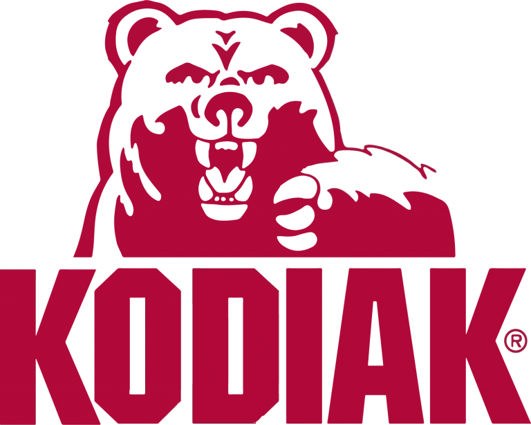 A red kodiak logo with a bear on it